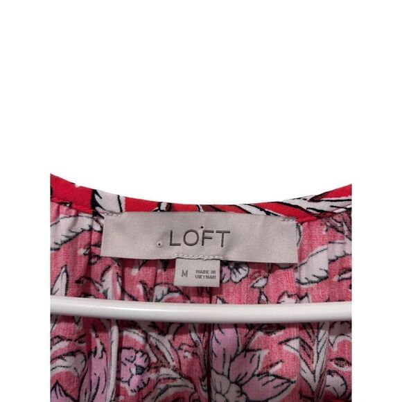 LOFT Puff Sleeve Split Neck Floral Tiered Pocket Shirt Dress Red Size Medium - Picture 5 of 13